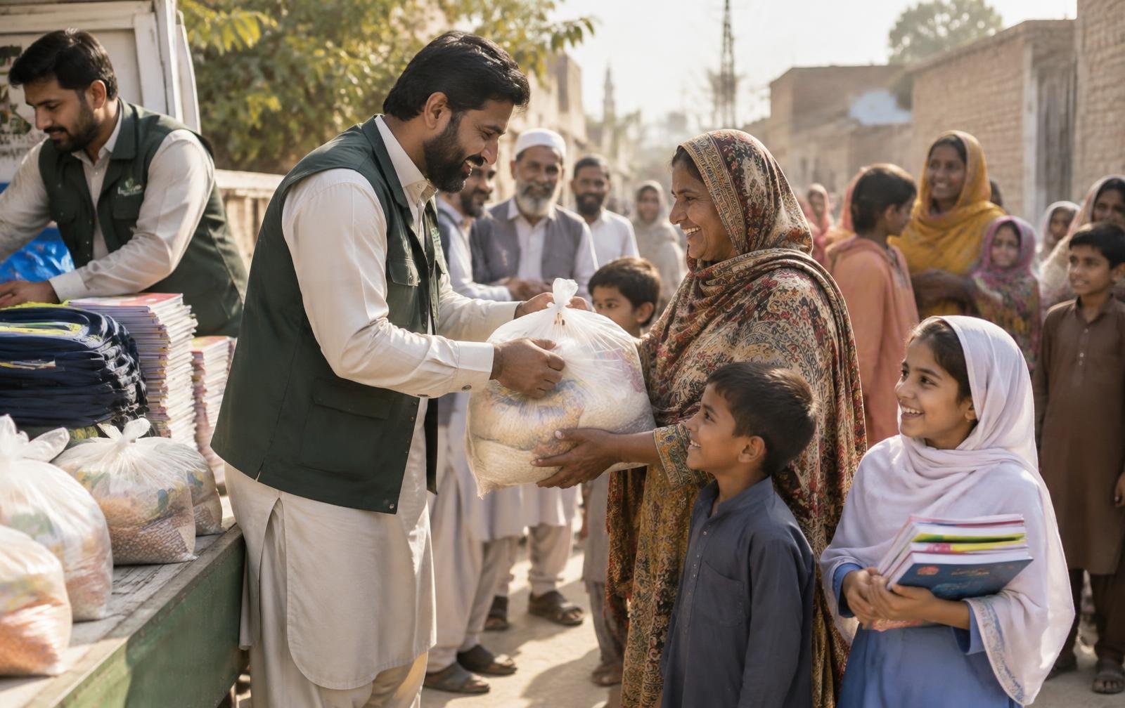 Volunteers distributing food and school supplies to families in Pakistan
